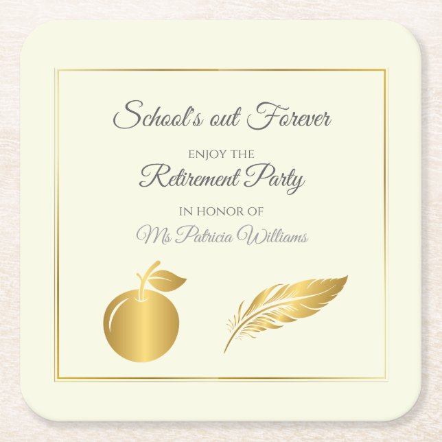 Elegant Teachers Golden Pastel Retirement Party  Square Paper Coaster (Front)