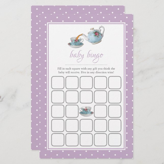 Elegant Teacups Baby Shower Tea Party Bingo (Front/Back)