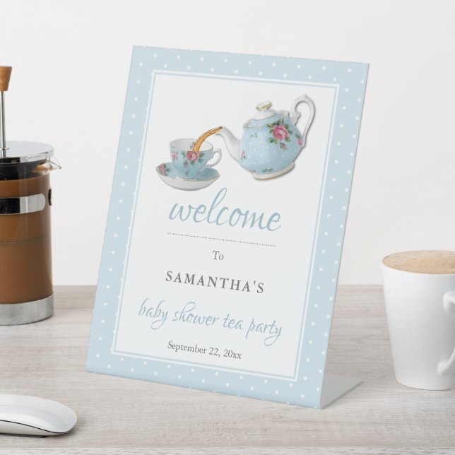 Elegant Teacups Baby Shower Tea Party Welcome Pedestal Sign (In SItu)