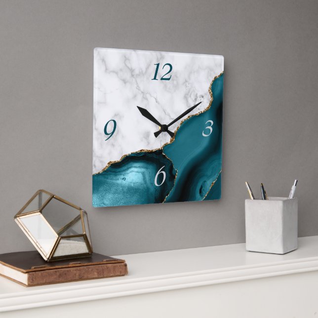 Elegant Teal Agate Gold Glitter Marble Square Wall Clock (Office)