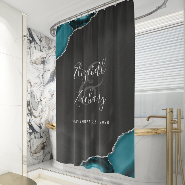 Elegant Teal Agate Silver Dark Newlywed Wedding Shower Curtain (Creator Uploaded)