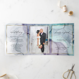 Elegant Teal Amethyst Alcohol Ink Tri-Fold Invitat Invitation