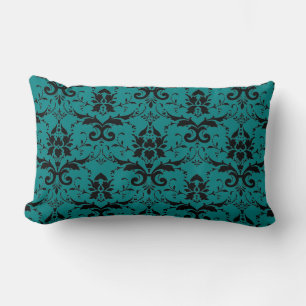 Elegant Teal and Black Damask Pattern Lumbar Cushion