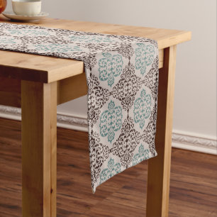Elegant Teal and Brown Damask Pattern on Beige Medium Table Runner
