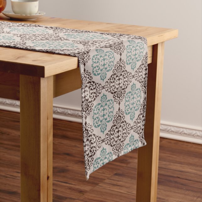 Elegant Teal and Brown Damask Pattern on Beige Medium Table Runner (In Situ)
