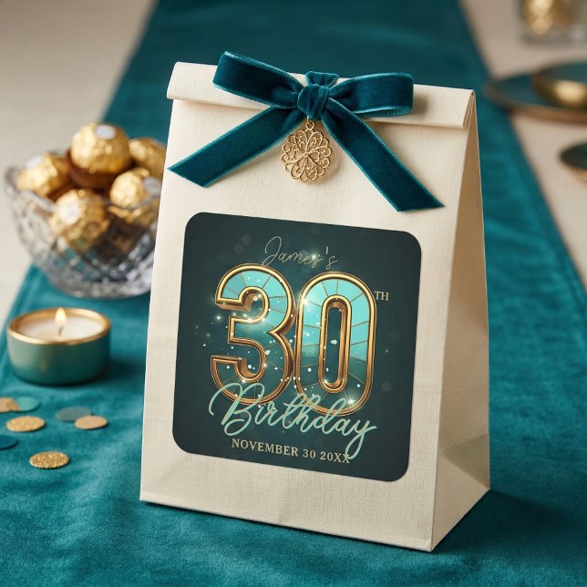 Elegant Teal and Gold 30th Birthday 3D Luxury Square Sticker (Creator Uploaded)
