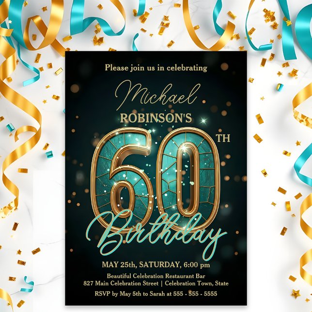 Elegant Teal and Gold 60th Birthday Celebration Invitation (Creator Uploaded)