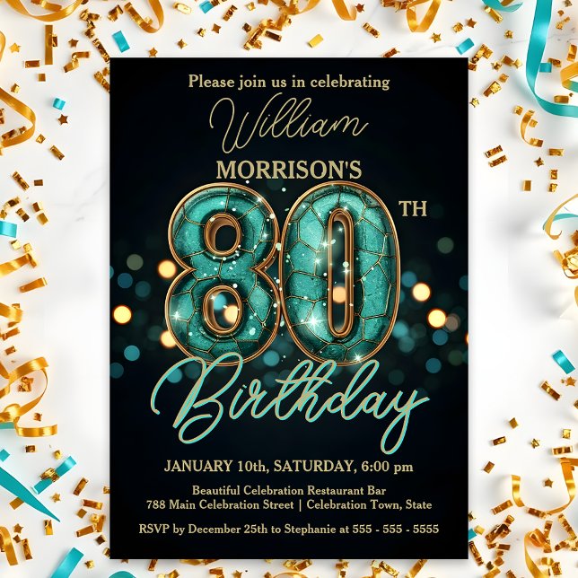 Elegant Teal and Gold 80th Birthday Celebration Invitation (Creator Uploaded)