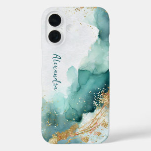Elegant Teal and Gold Abstract Watercolor  iPhone 16 Case