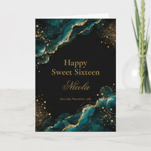 Elegant Teal and Gold Alcohol Ink Sweet Sixteen Card