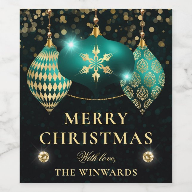Elegant Teal and Gold Baubles Merry Christmas Wine Label (Single Label)
