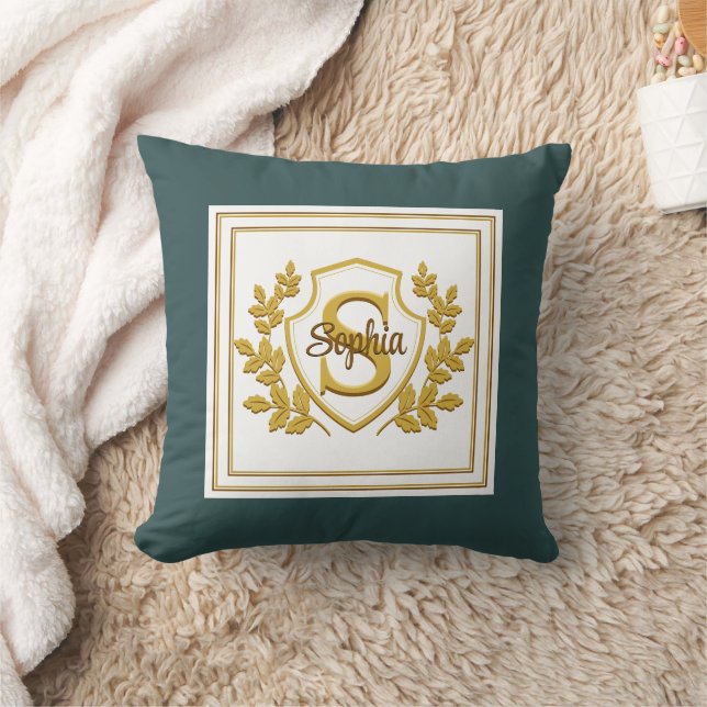 Elegant Teal and Gold Custom Crest Monogram Cushion (Blanket)