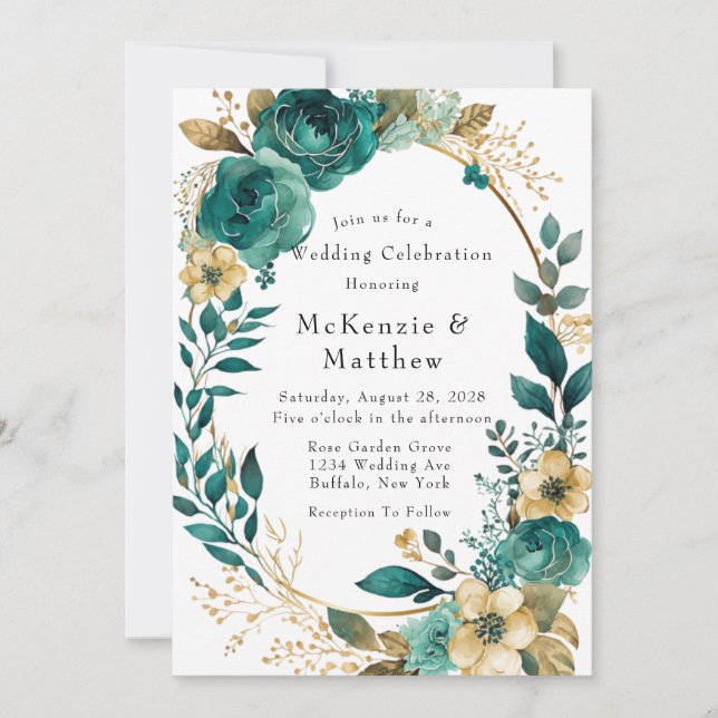 Elegant Teal and Gold Floral Wedding Celebration I Invitation (Front)