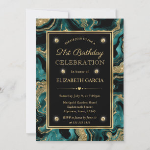 Elegant Teal and Gold Glitter Agate 21st Birthday Invitation
