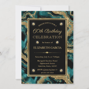 Elegant Teal and Gold Glitter Agate 60th Birthday Invitation