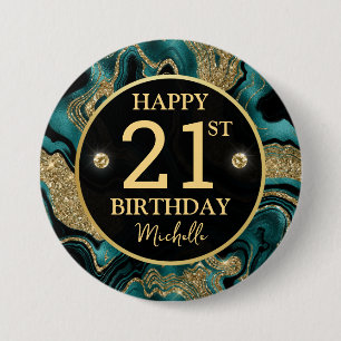 Elegant Teal and Gold Glitter Agate Birthday 7.5 Cm Round Badge