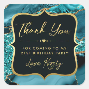 Elegant Teal and Gold Glitter Agate Birthday Square Sticker