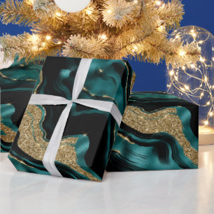 Elegant Teal and Gold Glitter Agate Birthday Wrapping Paper