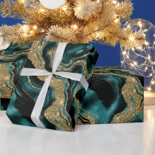 Elegant Teal and Gold Glitter Agate Birthday Wrapping Paper