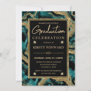 Elegant Teal and Gold Glitter Agate Graduation Invitation
