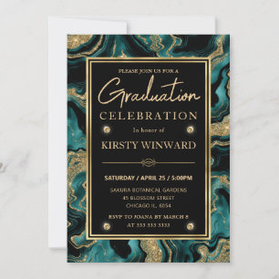 Elegant Teal and Gold Glitter Agate Graduation Invitation