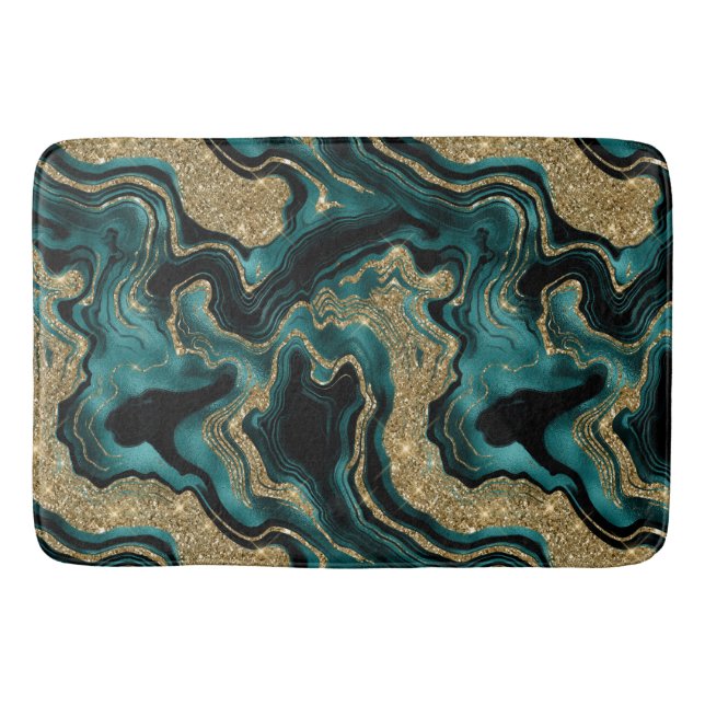 Elegant Teal and Gold Glitter Agate Pattern Bath Mat (Front)