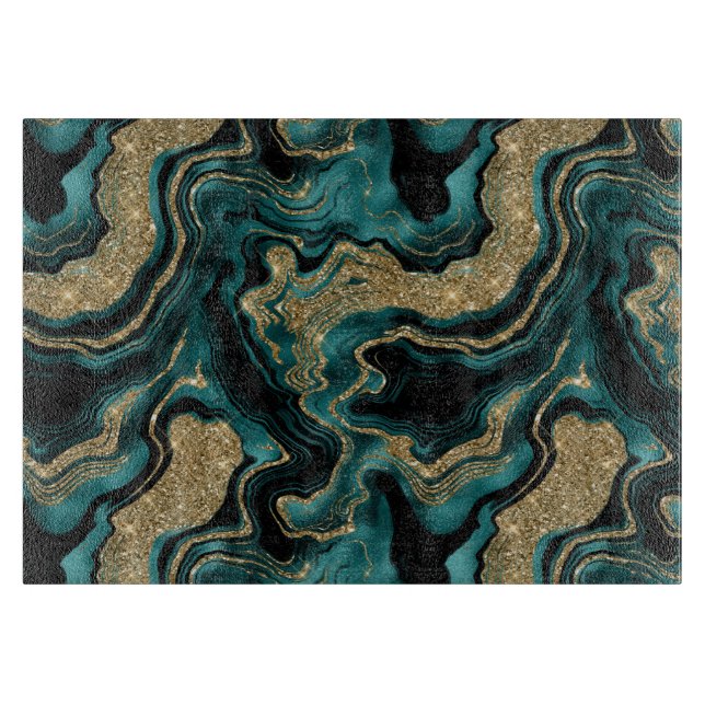 Elegant Teal and Gold Glitter Agate Pattern Cutting Board (Front)