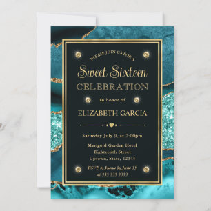 Elegant Teal and Gold Glitter Agate Sweet Sixteen Invitation