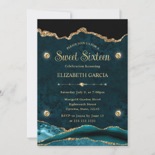 Elegant Teal and Gold Glitter Agate Sweet Sixteen Invitation
