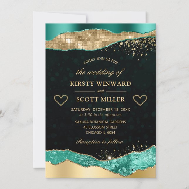 Elegant Teal and Gold Glitter Glam Tears Wedding Invitation (Front)