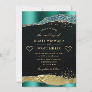 Elegant Teal and Gold Glitter Glam Tears Wedding Invitation