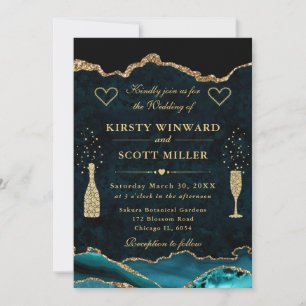 Elegant Teal and Gold Glitter Marble Agate Wedding Invitation