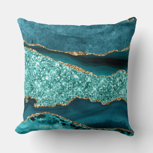 Elegant Teal and Gold Glitter Ocean Agate Cushion (Front)
