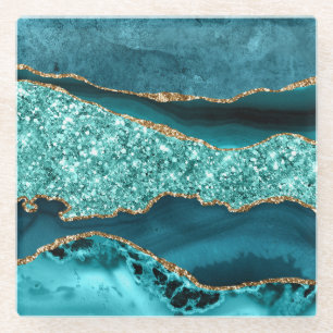 Elegant Teal and Gold Glitter Ocean Agate Glass Coaster