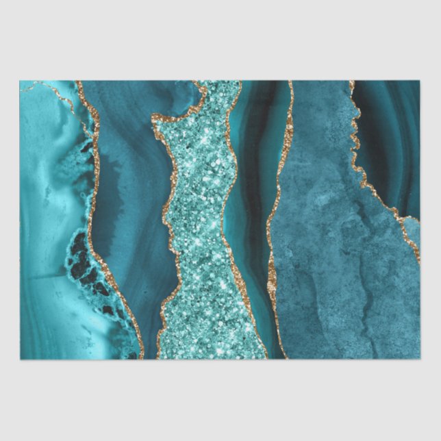 Elegant Teal and Gold Glitter Ocean Agate Tissue Paper (Front)