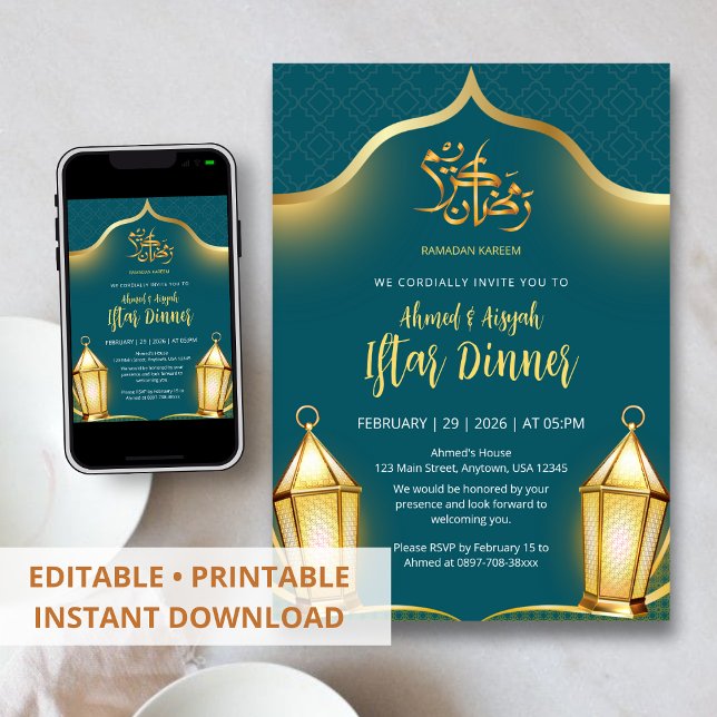 Elegant Teal and Gold Islamic Iftar Dinner Invitation (Creator Uploaded)