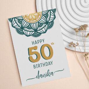 Elegant Teal and Gold Mandala 50th Birthday Card