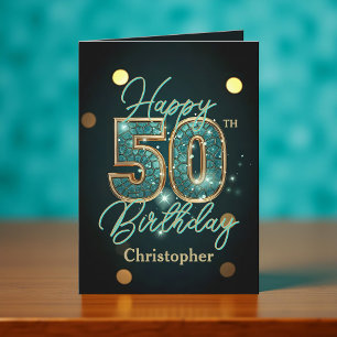 Elegant Teal and Gold Metallic 50th Birthday Card