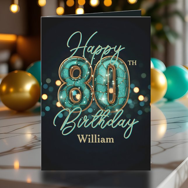 Elegant Teal and Gold Metallic 80th Birthday Card (Creator Uploaded)