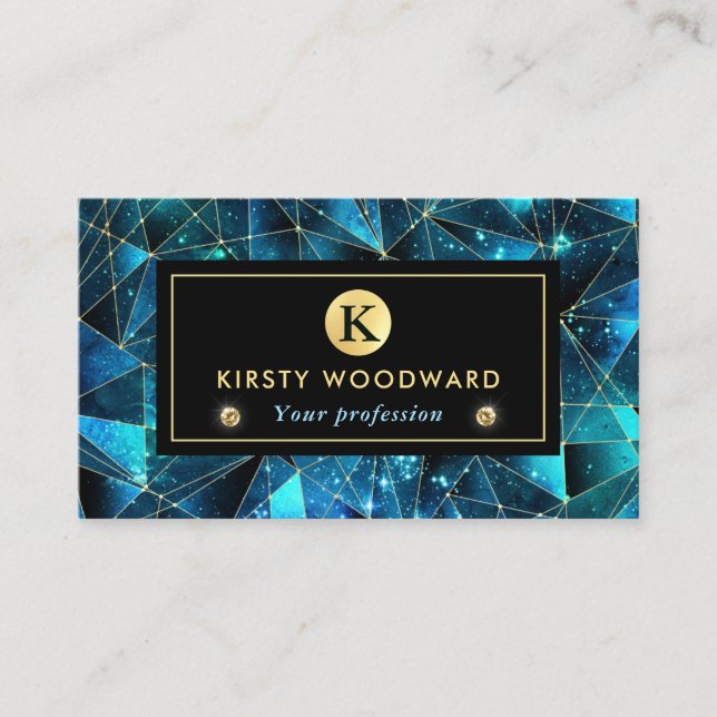 Elegant Teal and Gold Midnight Crystal Galaxy Business Card (Front)