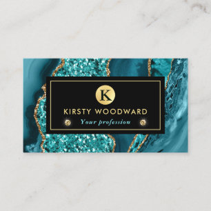 Elegant Teal and Gold Ocean Glitter Agate Business Card