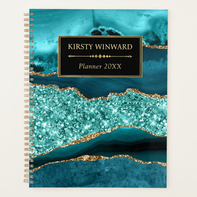 Elegant Teal and Gold Ocean Glitter Agate Planner (Front)
