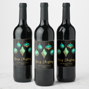 Elegant Teal and Gold Ornament Christmas Wine Label