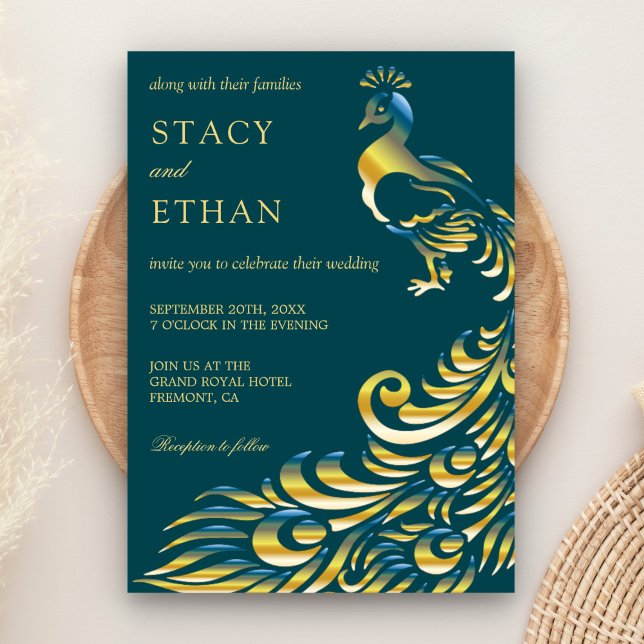 Elegant Teal and Gold Peacock Wedding Invitation (Creator Uploaded)