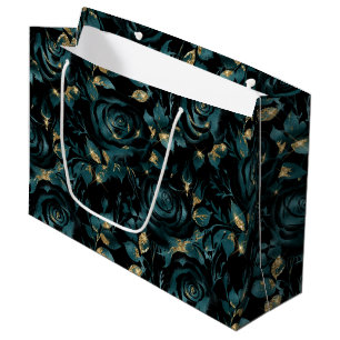 Elegant Teal and Gold Rose Floral Pattern Large Gift Bag