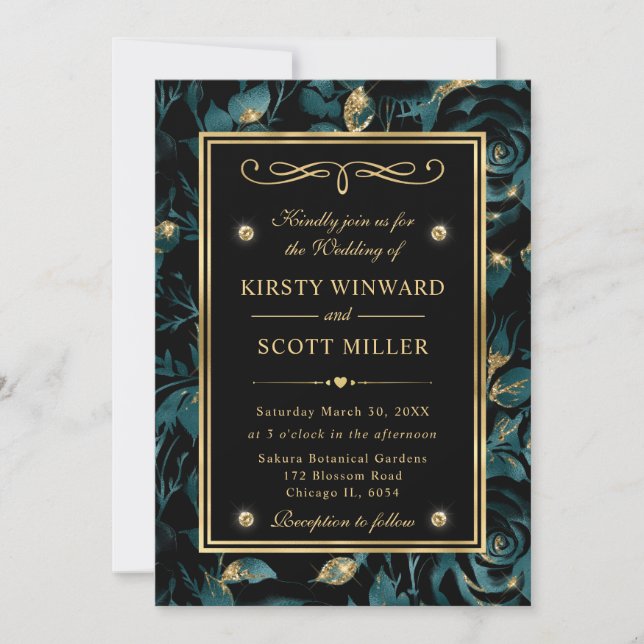 Elegant Teal and Gold Rose Floral Pattern Wedding Invitation (Front)