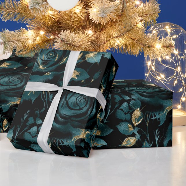 Elegant Teal and Gold Rose Floral Pattern Wrapping Paper (Holidays)