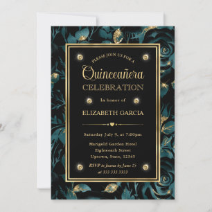 Elegant Teal and Gold Rose Floral Quinceanera Invitation