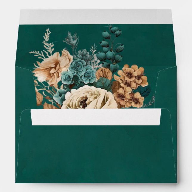 Elegant Teal and Gold Watercolor Floral Wedding Envelope (Back (Bottom))