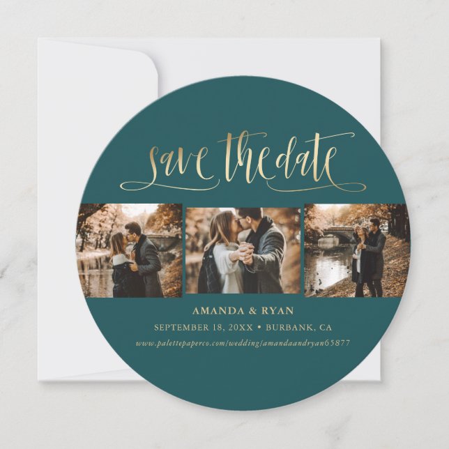 Elegant Teal and Gold Wedding Photo Save The Date (Front)